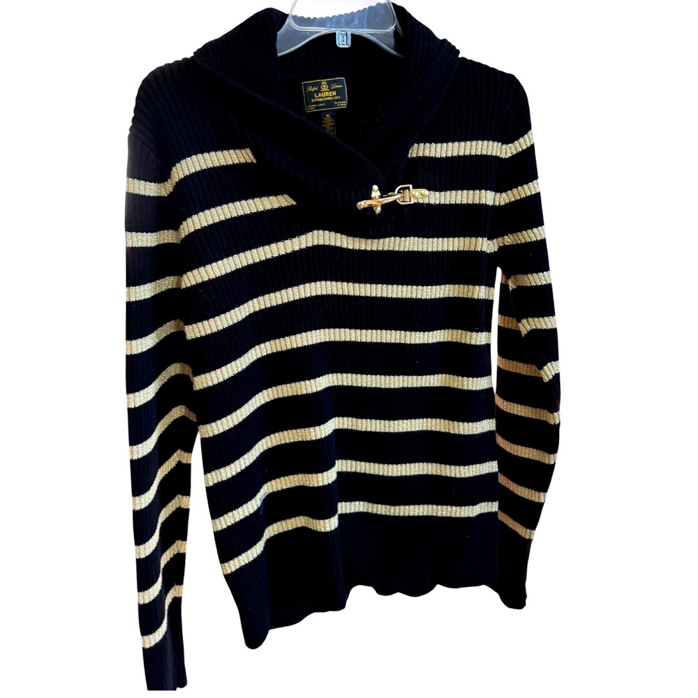 Lauren Ralph Lauren Navy Gold Stripe Shawl Collar Fireman Hook Toggle Sweater XL